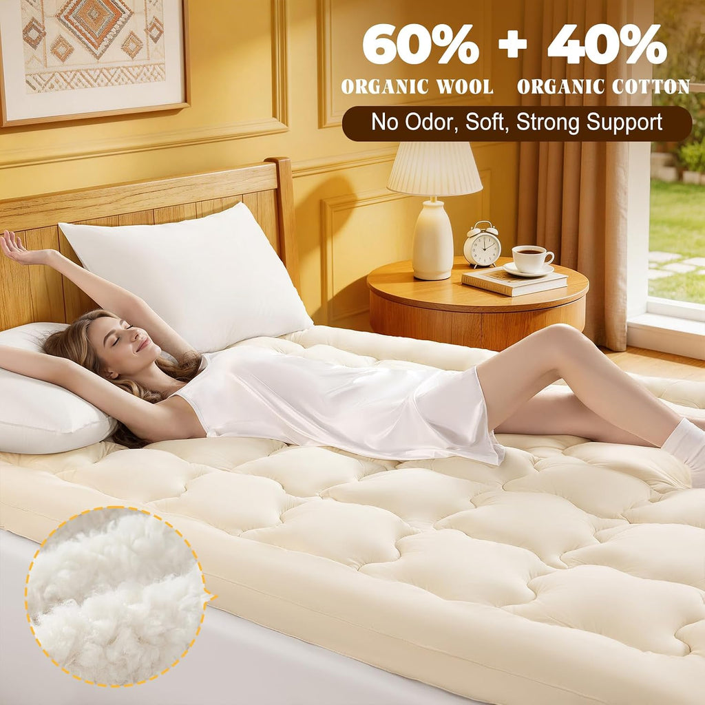 Organic Wool‑Cotton Queen Mattress Topper Pad