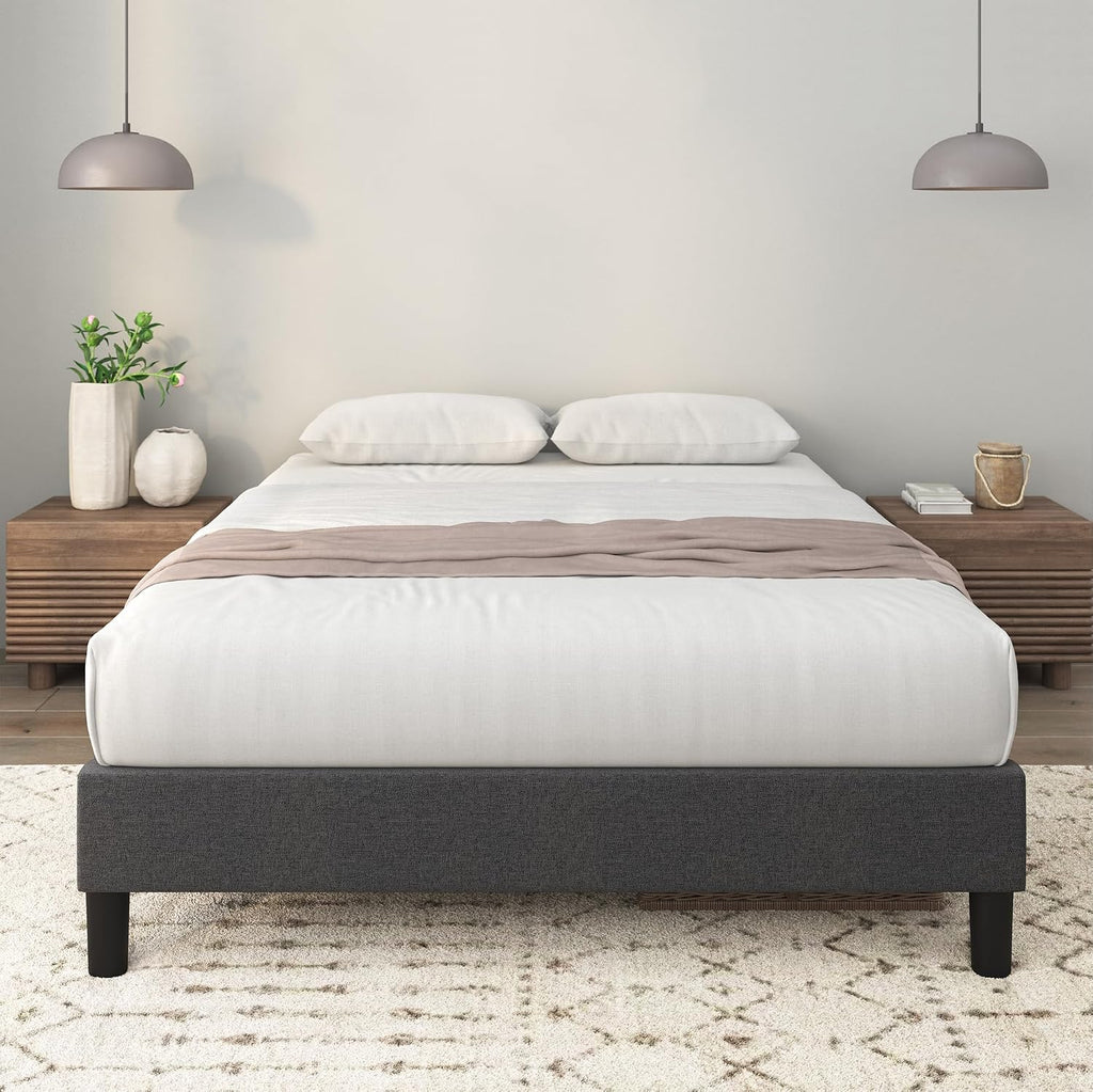 Upholstered Wood‑Slat Platform Bed Frame