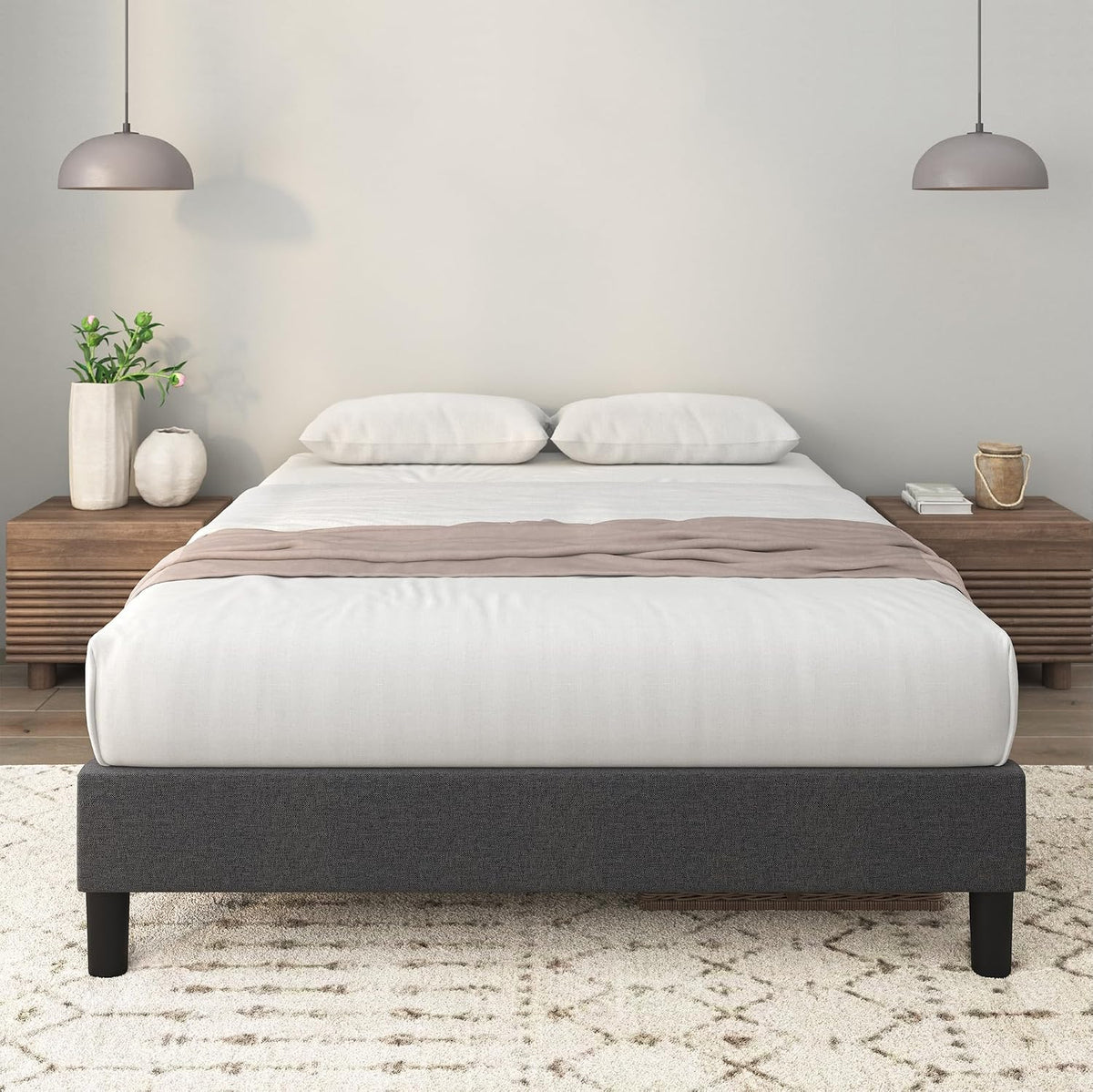 Upholstered Wood‑Slat Platform Bed Frame