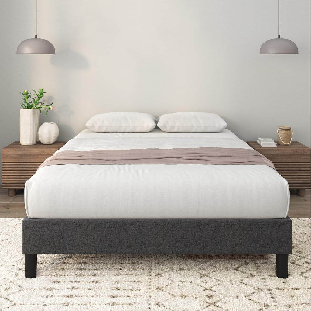 Upholstered Wood‑Slat Platform Bed Frame