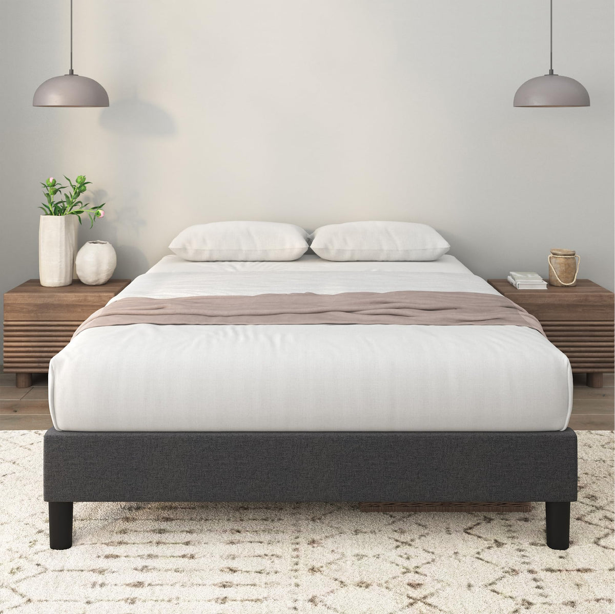 Upholstered Wood‑Slat Platform Bed Frame