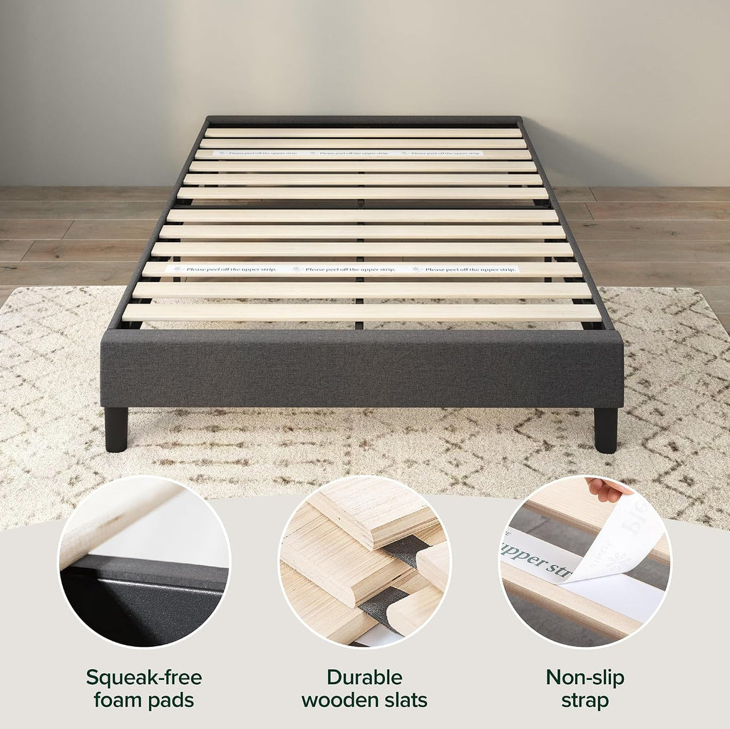 Upholstered Wood‑Slat Platform Bed Frame
