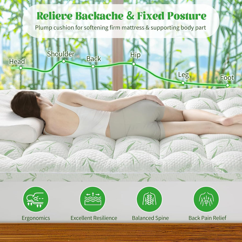 Cooling Bamboo Queen Pillow‑Top Mattress Topper
