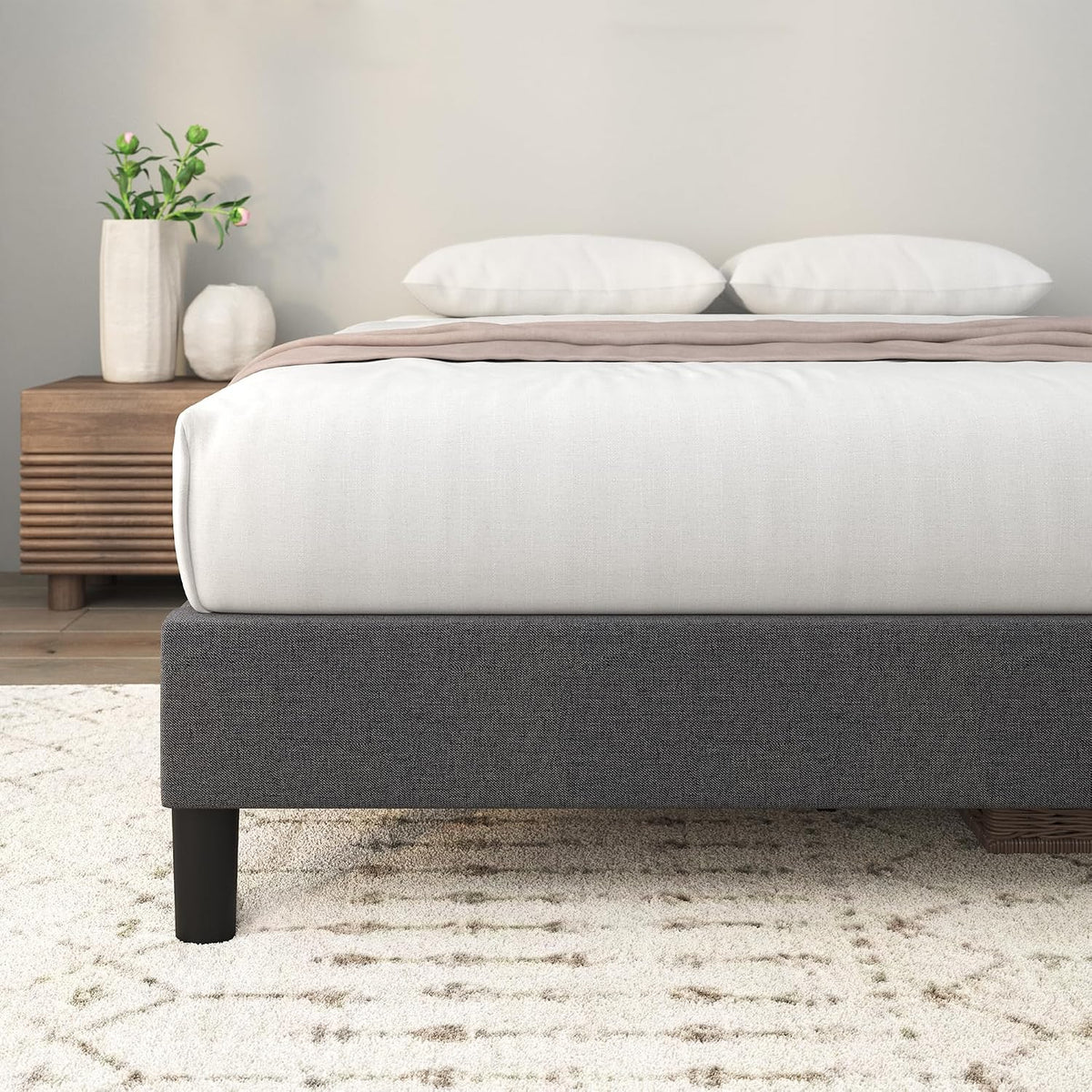 Upholstered Wood‑Slat Platform Bed Frame